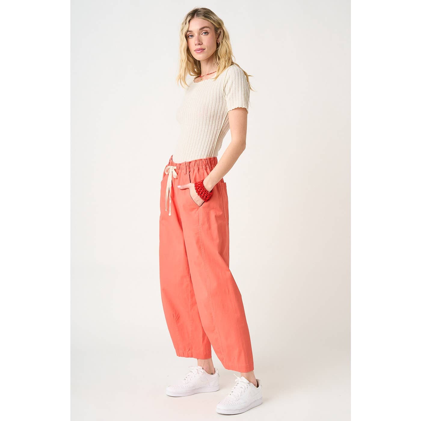 WIDE BARREL LEG DRAWSTRING ELASTIC WAIST PANTS