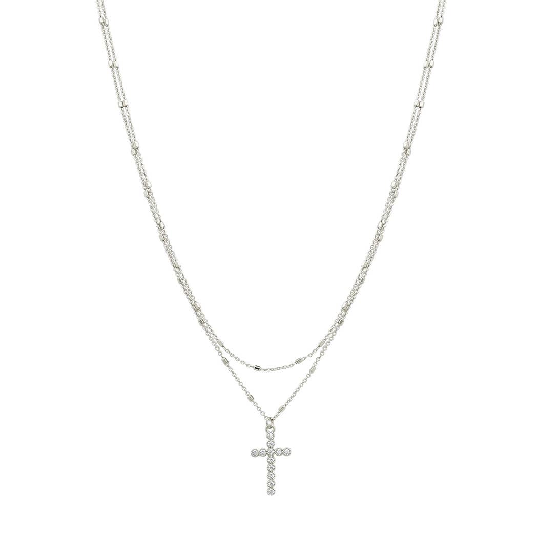 Pave cross charm double layered necklace