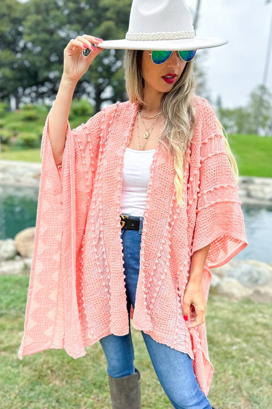 Lt. Coral Rose 3D Textured Open Front Soft Kimono Cardigan