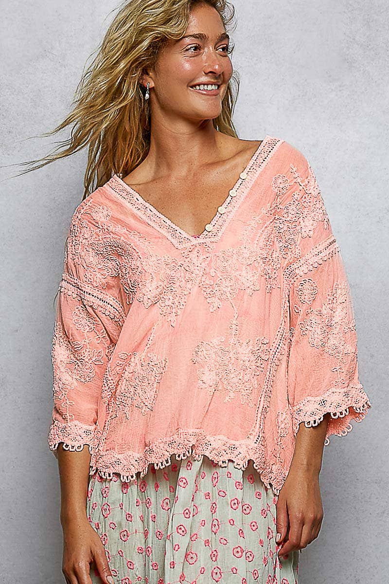 V-neck Short Sleeve Floral Embroidered Crochet Blouse Top