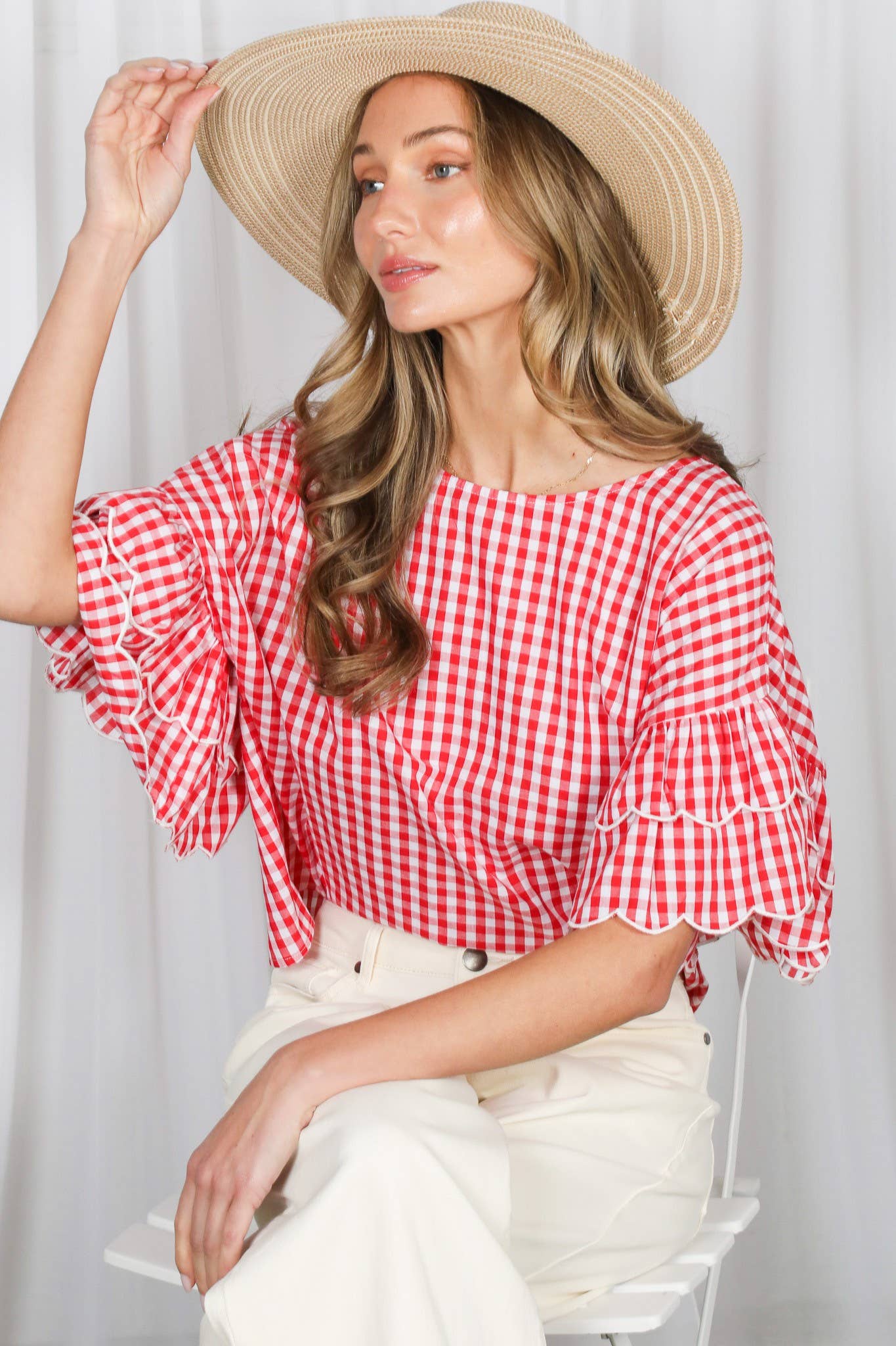Charming Gingham Scallop Edge Wild Ruffle Cotton Top VT83548