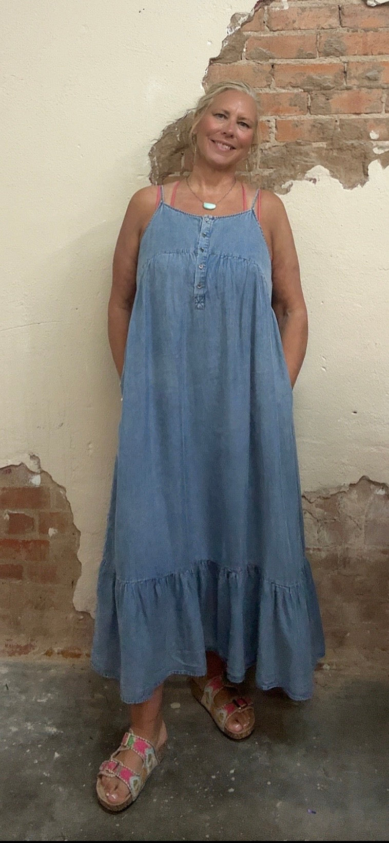 Tencel Chambray Tiered Ruffled Skirt Midi Dress -