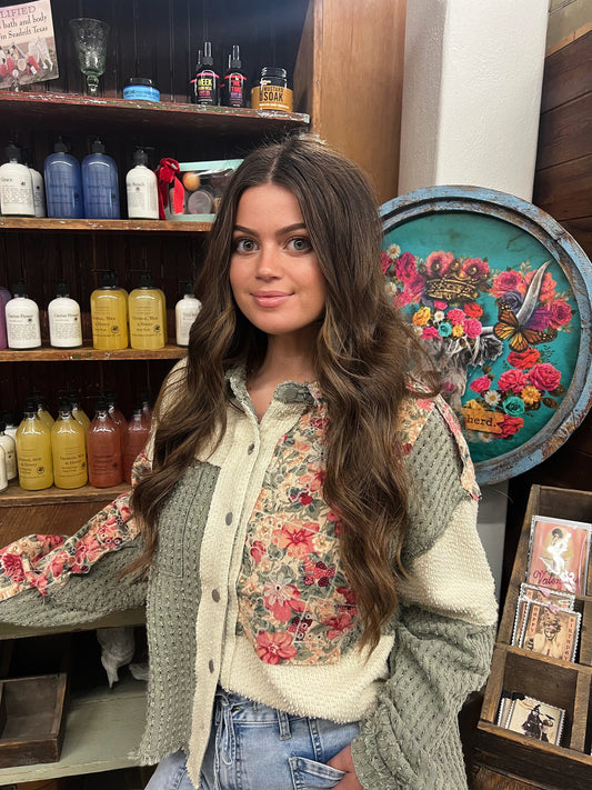 Oversize textured twill floral print jacket