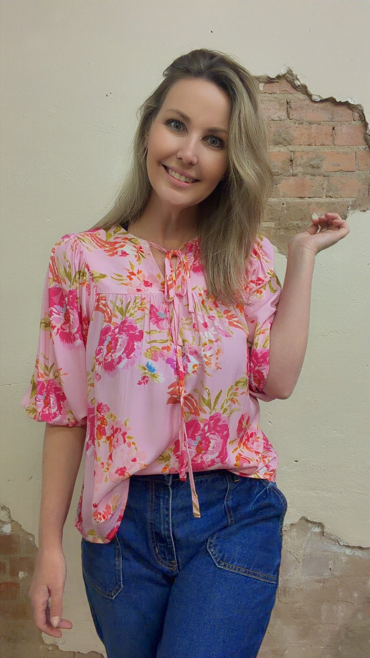 Floral Print Tie Neck Puffy Half Sleeve Blouse (S-XL)