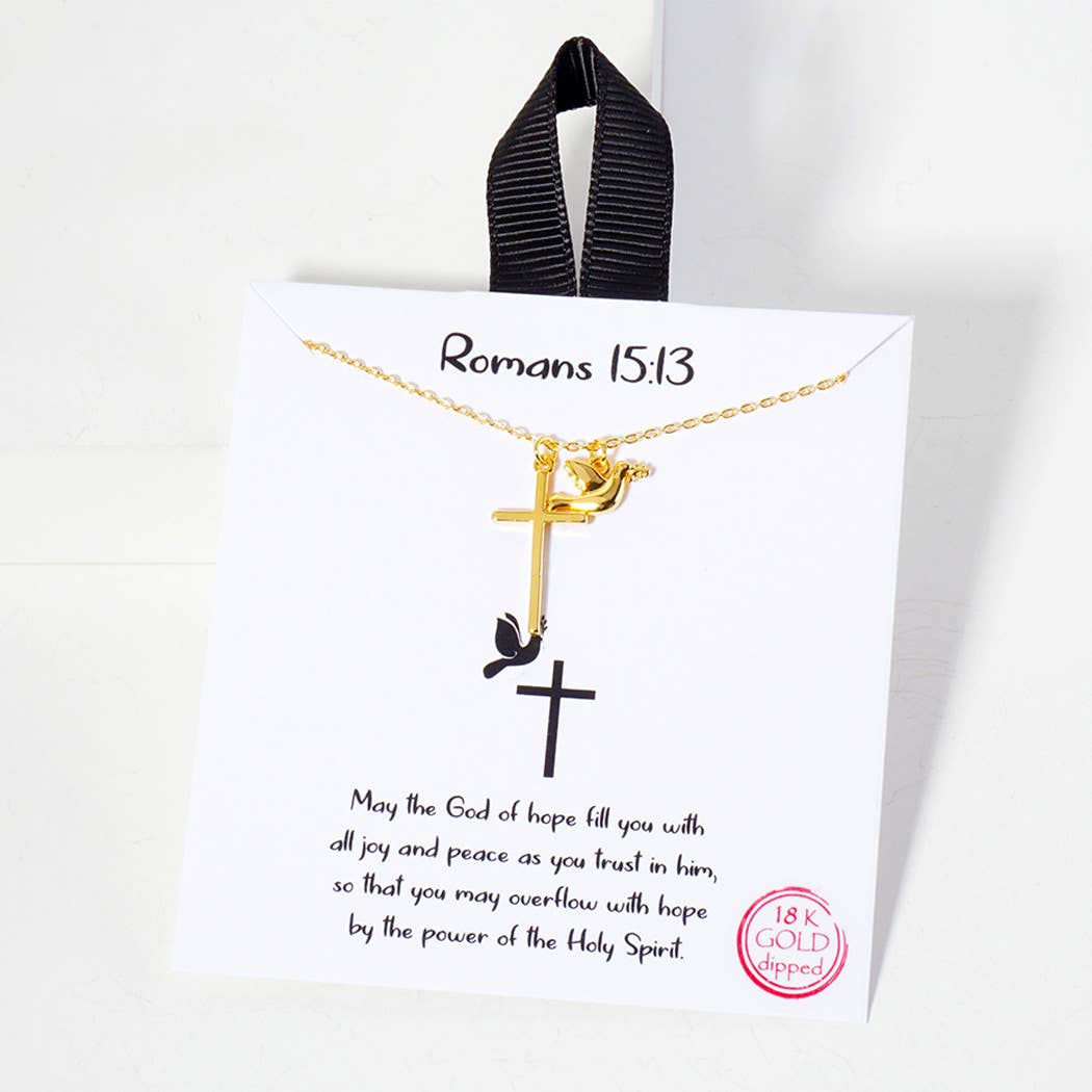 Romans 15 13 Dainty Cross Dove Charm Necklace