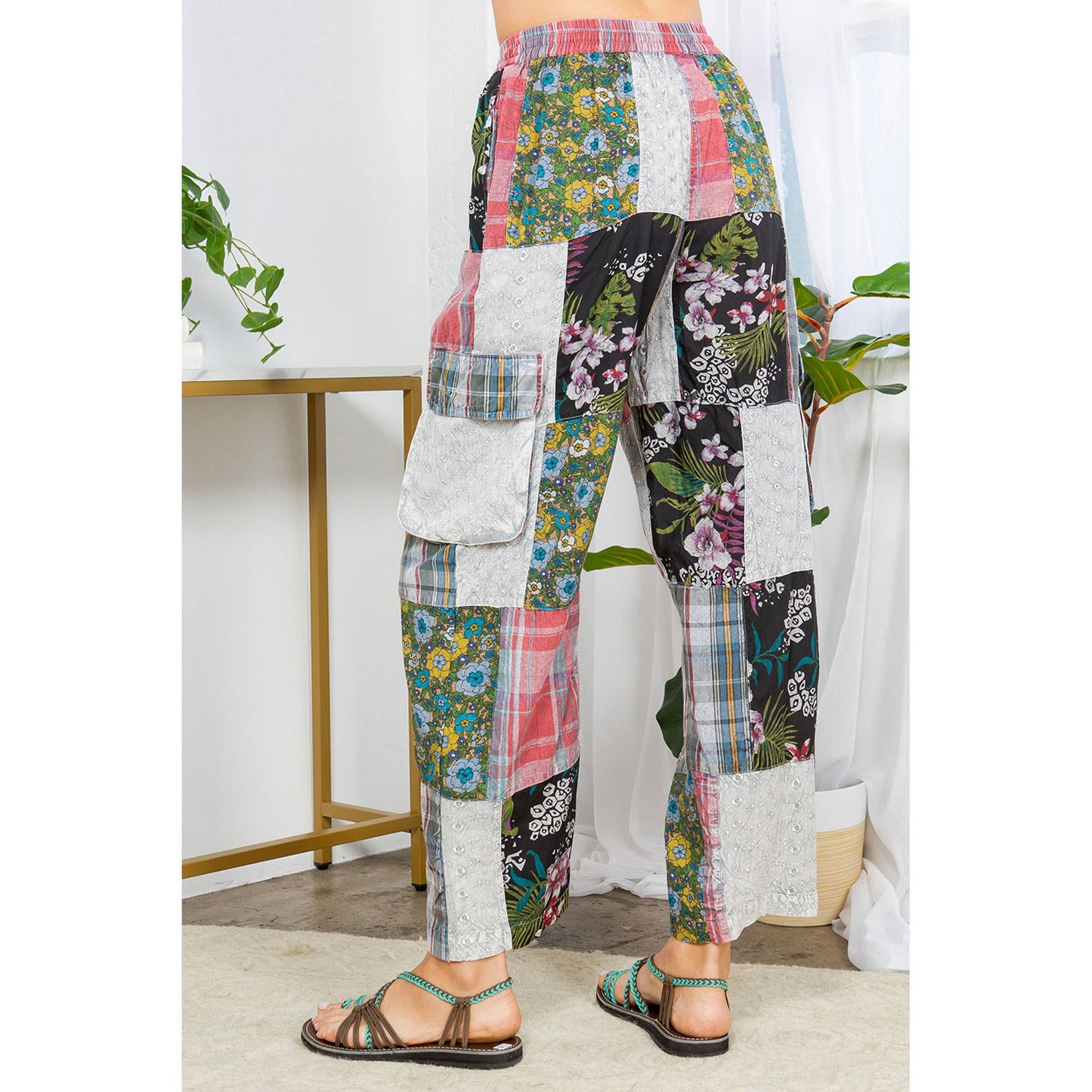Bohemian Patchwork Straight Pant Plaid & Schiffli Embroidery