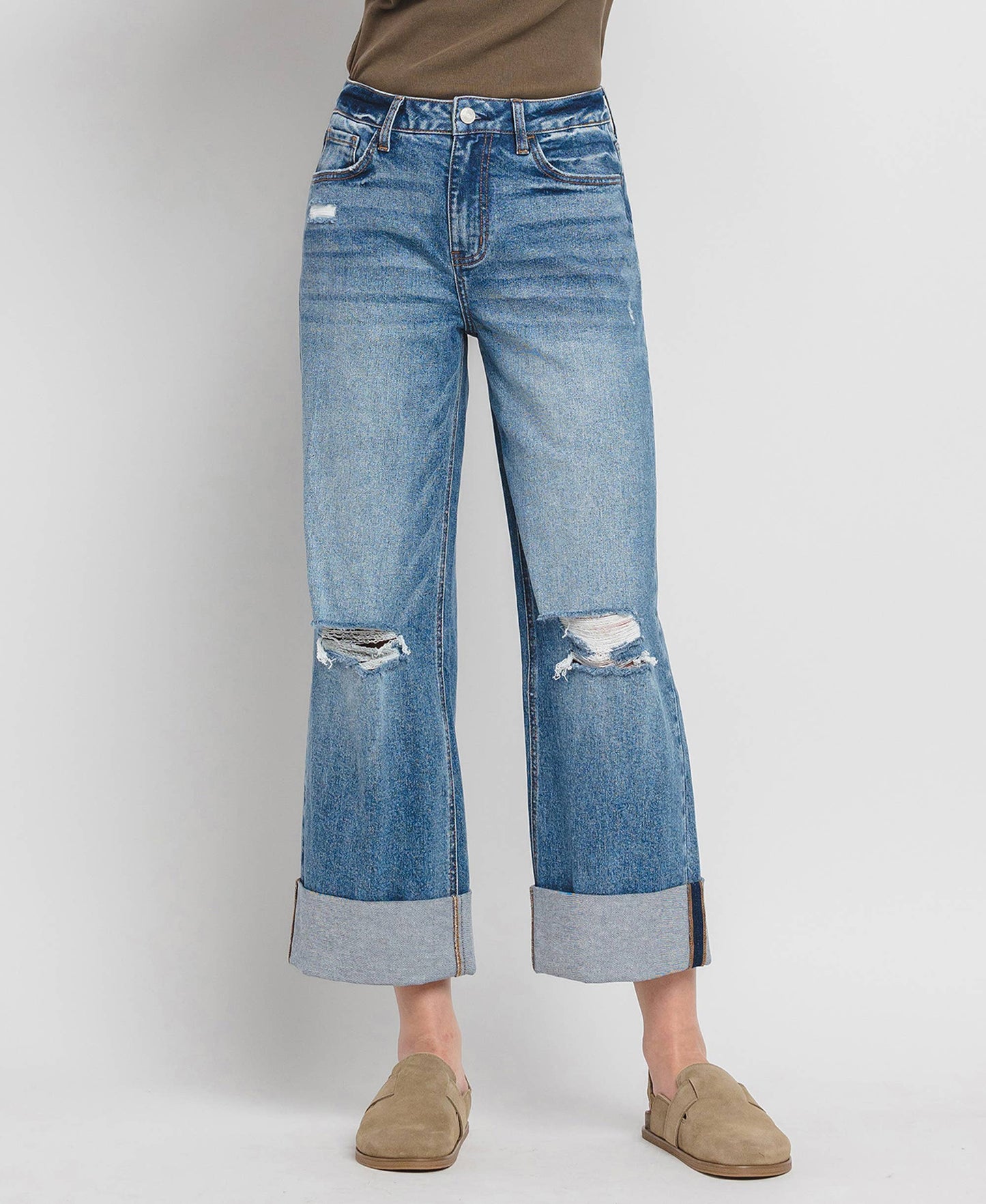 SUPER HIGH RISE DOUBLE CUFFED BAGGY WIDE JEANS LV1459