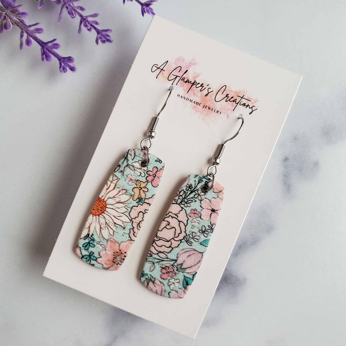 Boho Floral on Light Blue Mini Bar Leather Earrings