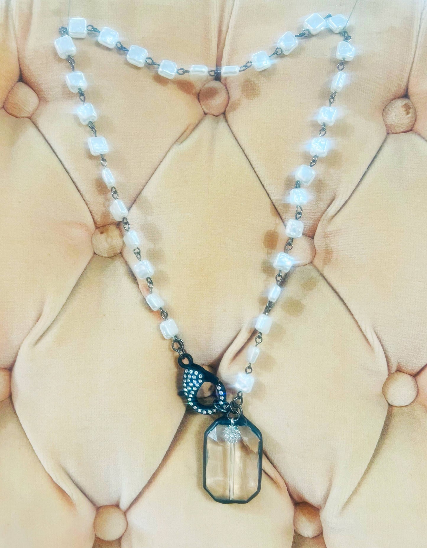 Soldered Crystal Pendant on Pearl Beaded Chain