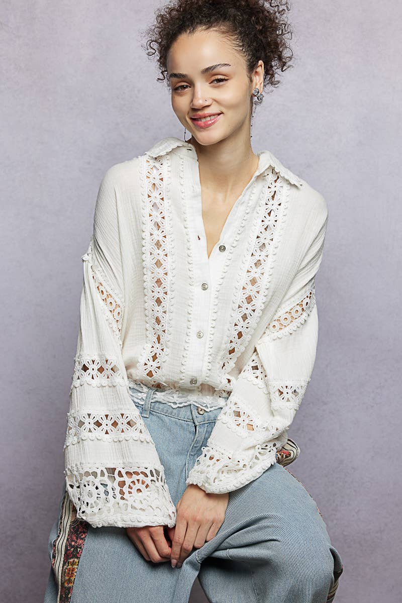 Collar neck balloon sleeve double gauze shirt top