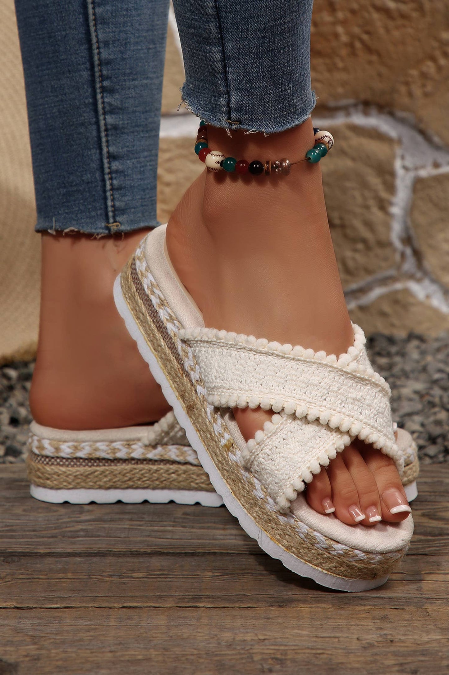 Pompom Knit Platform Slide Slippers