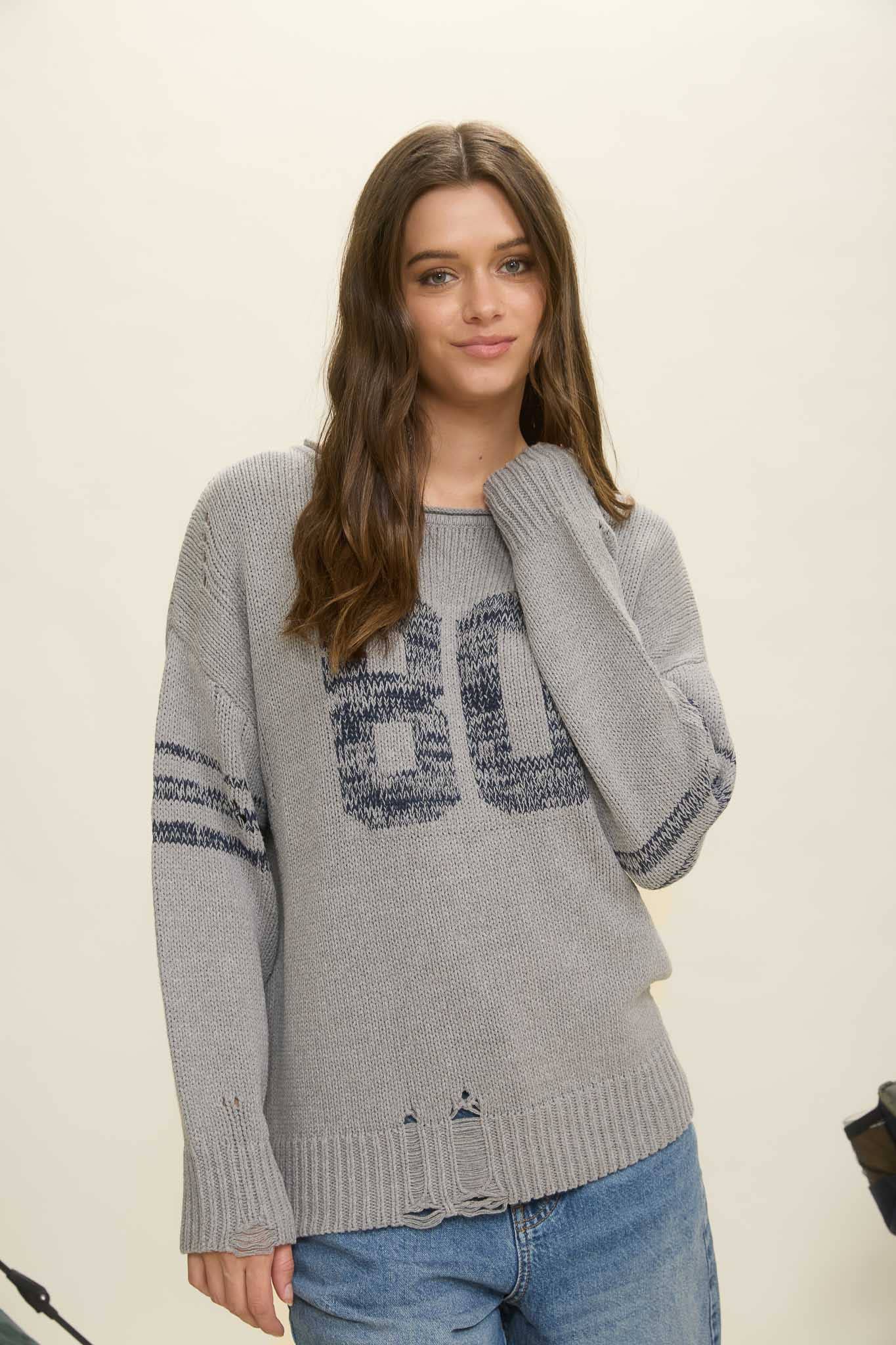 DISTRESSED LONG SLEEVE VARSITY KNIT TOP