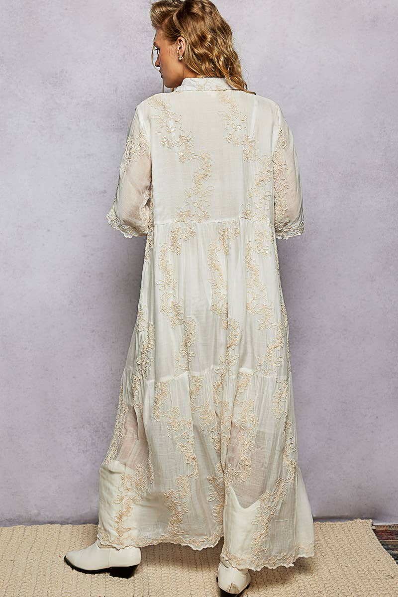 Embroidered Shirred Ruffle Button-Down Shirt Dress