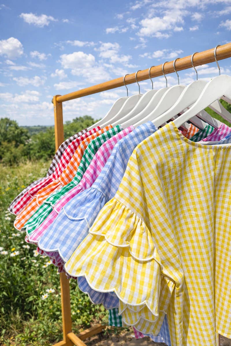 Charming Gingham Scallop Edge Wild Ruffle Cotton Top VT83548