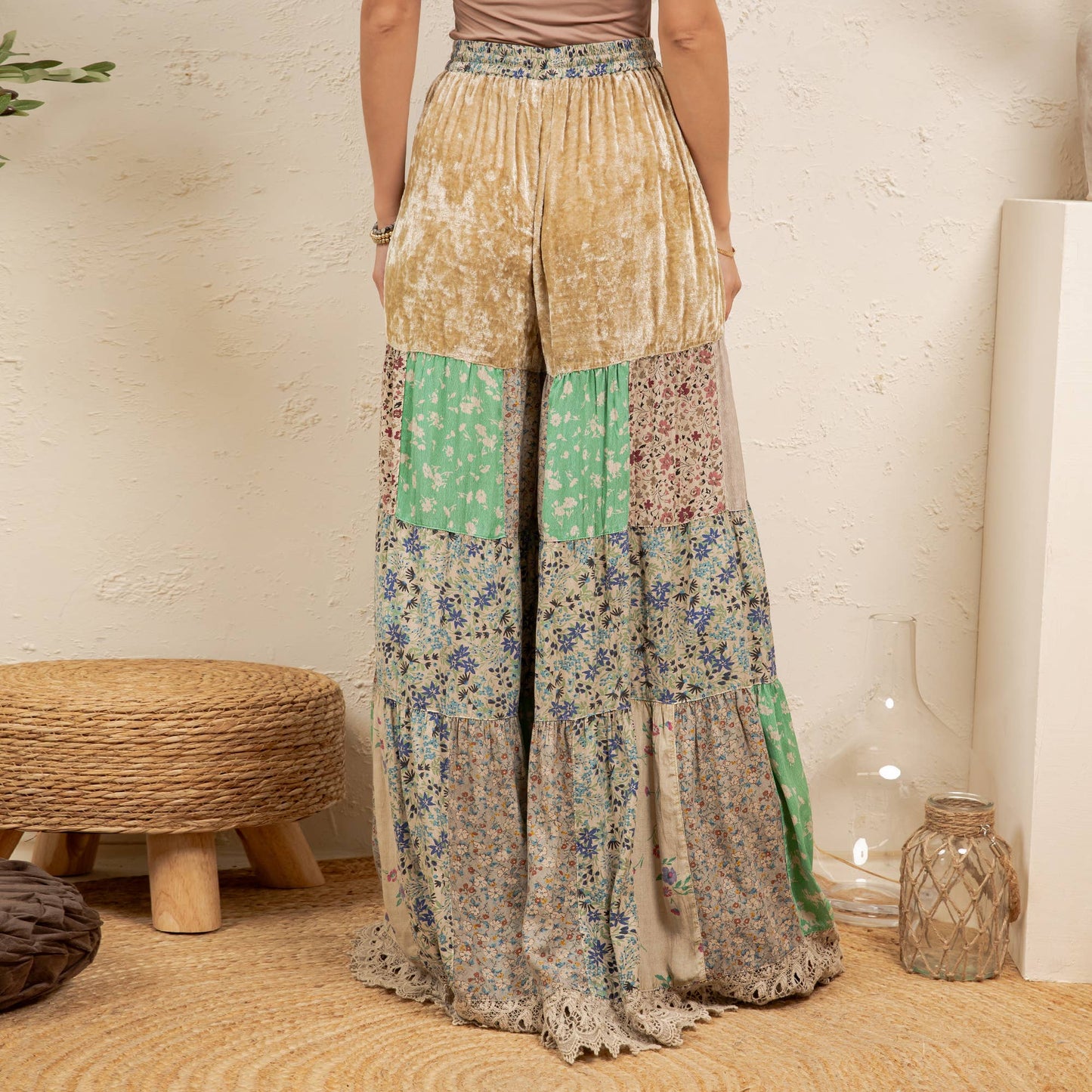 Boho Tiered Patchwork Flare Pant Velvet Drawstring Waist NEW
