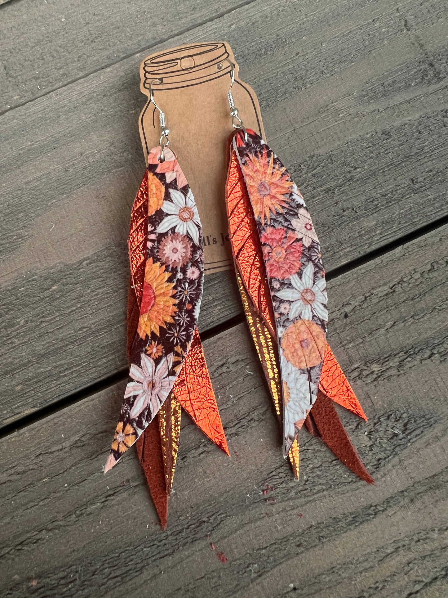 ORANGE BOHO FLORAL FRINGE FEATHER LEATHER EARRINGS