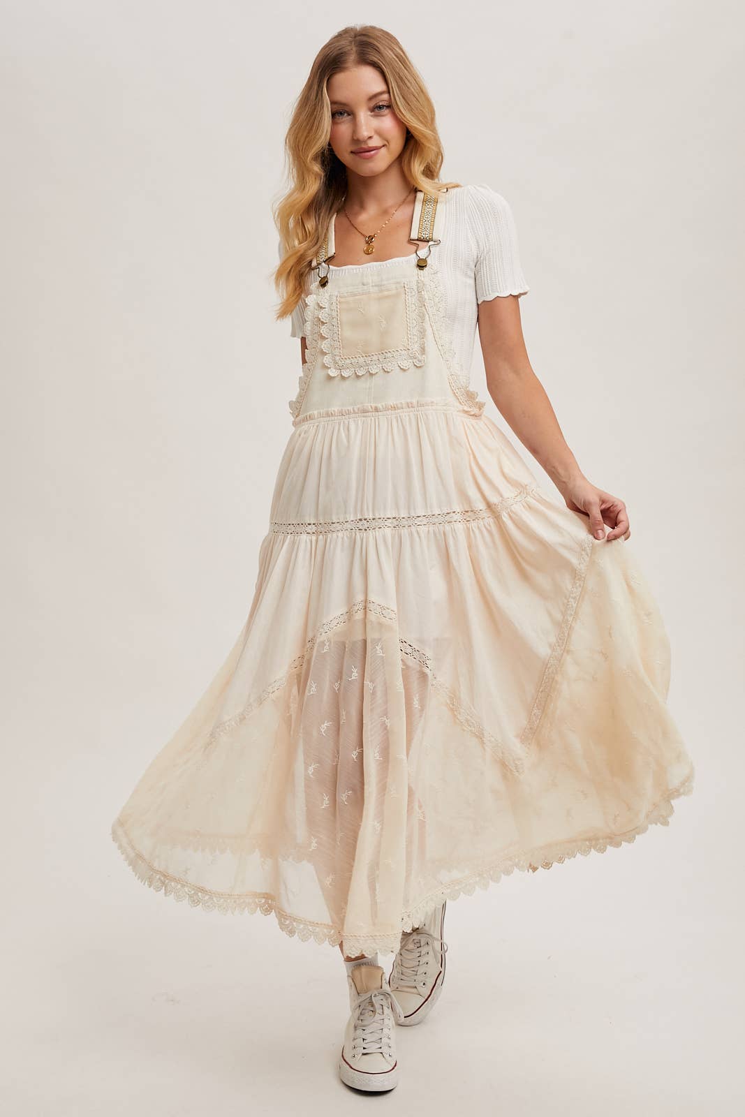 LACE EMBROIDERED TULLE BIB MAXI DRESS
