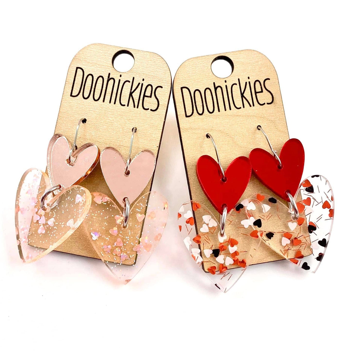 Double Heart Confetti Love Hearts - Valentines Acrylic Earrings