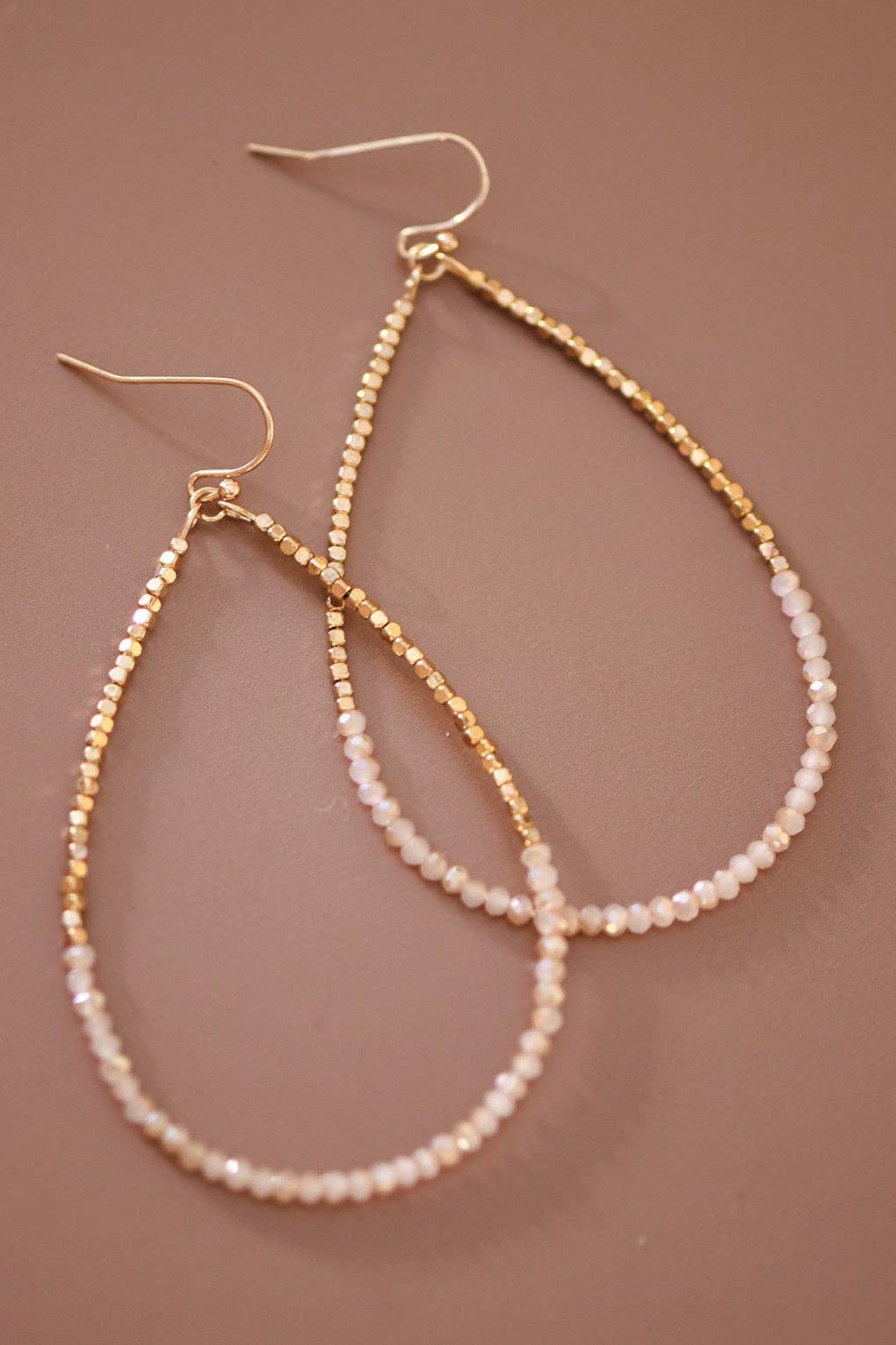Gold Beaded Hollow Drop Earrings with Glass Beads - 5956