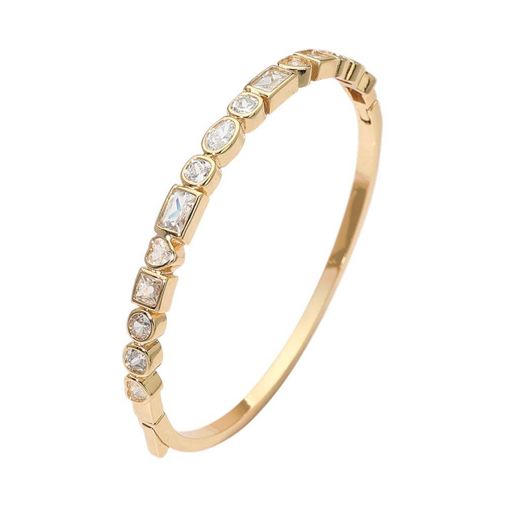 14K Gold Plated Mixed Shaped CZ Bezel Around Hinged Bangle Bracelet