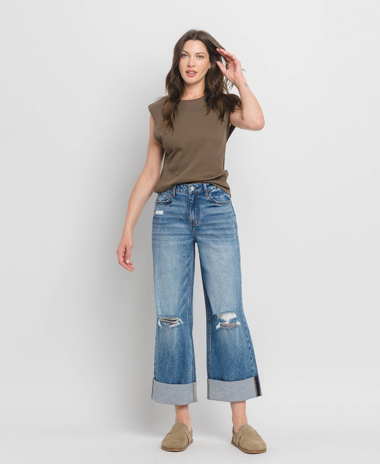 SUPER HIGH RISE DOUBLE CUFFED BAGGY WIDE JEANS LV1459