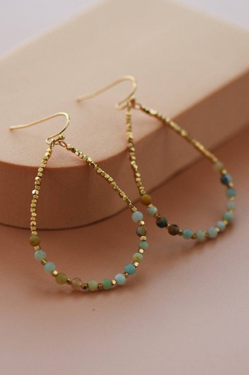 Amazonite Stone Beaded Teardrop Wire Earrings - 7279
