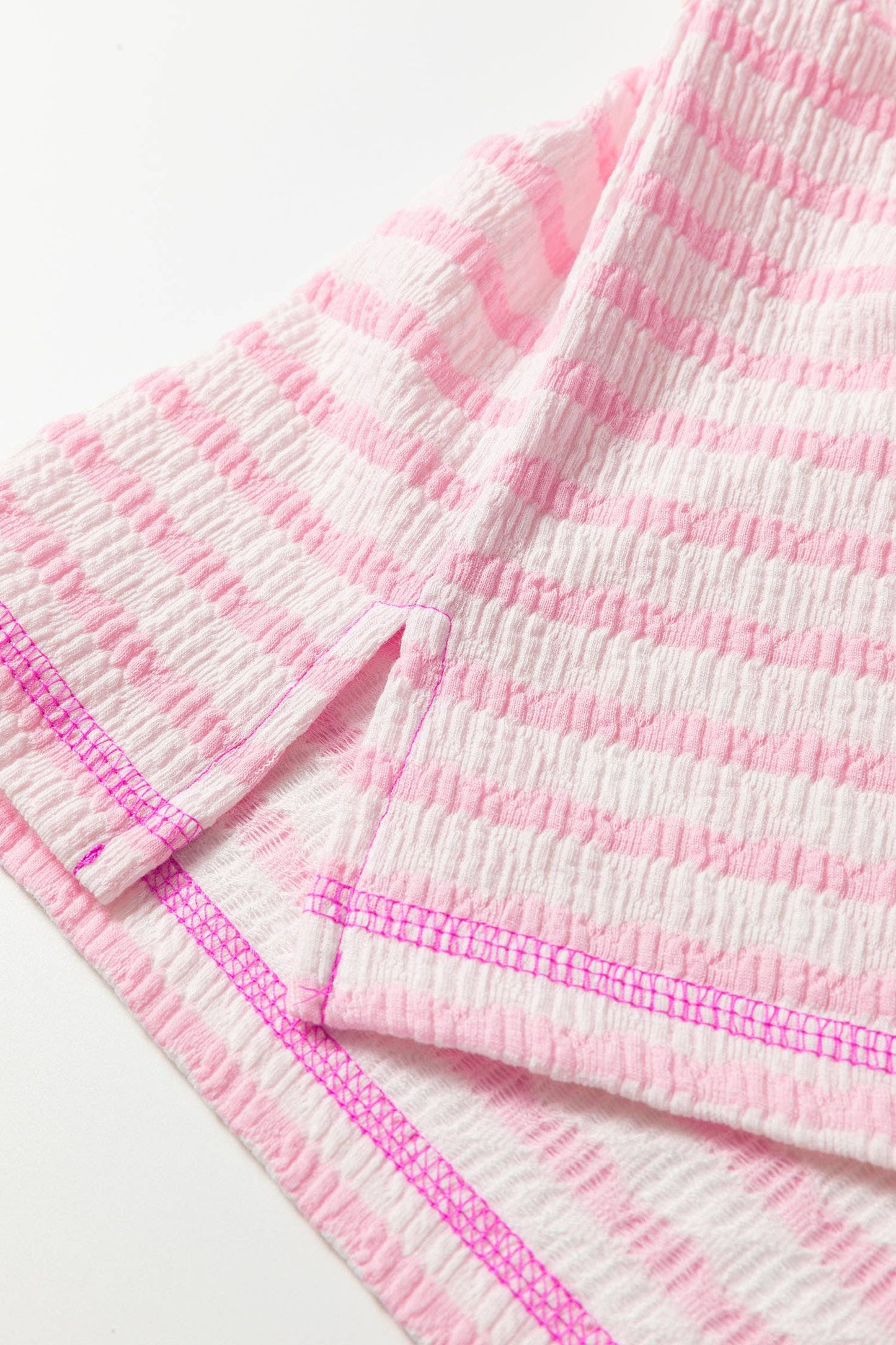 Stripe Textured Knit Split Hem Half Sleeve Loose Top (S-4X)