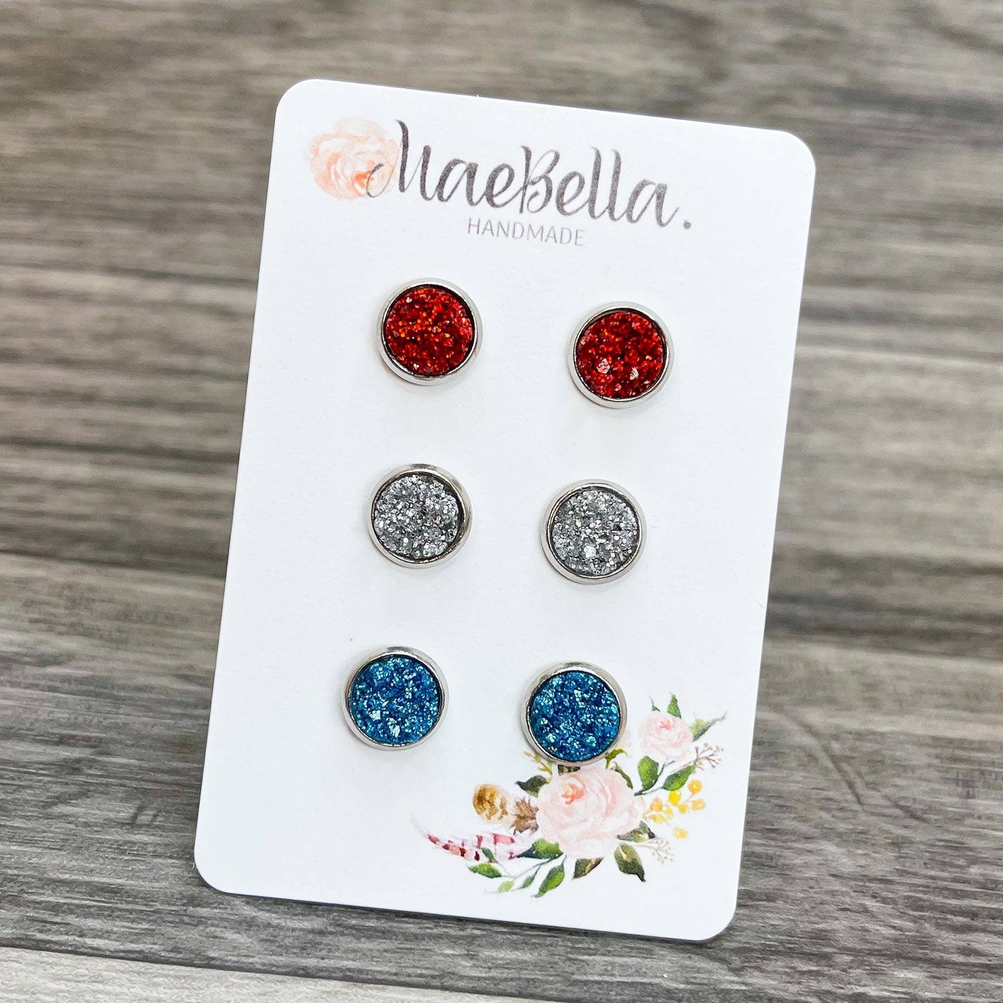 3 Pack Stud Earring Set 8mm Glitter Druzy Patriotic