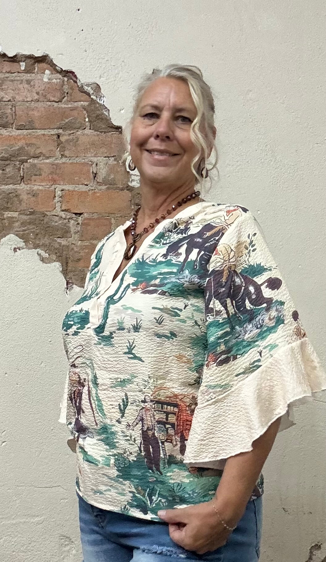 Wild Western Cowboy & Floral Print Ruffle Sleeve Top