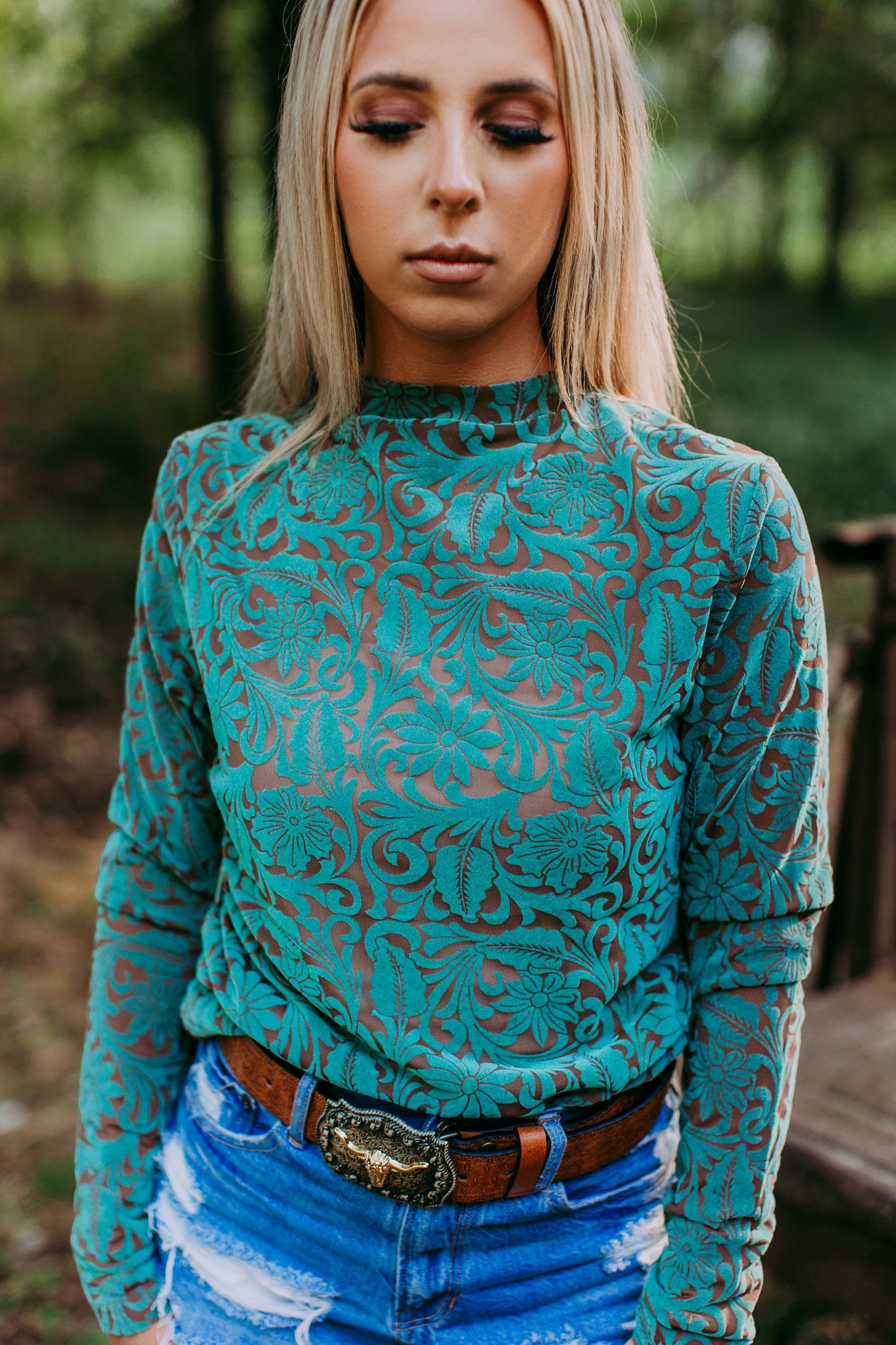 Tooled Leather 3D Printed Mesh Top - Turquoise