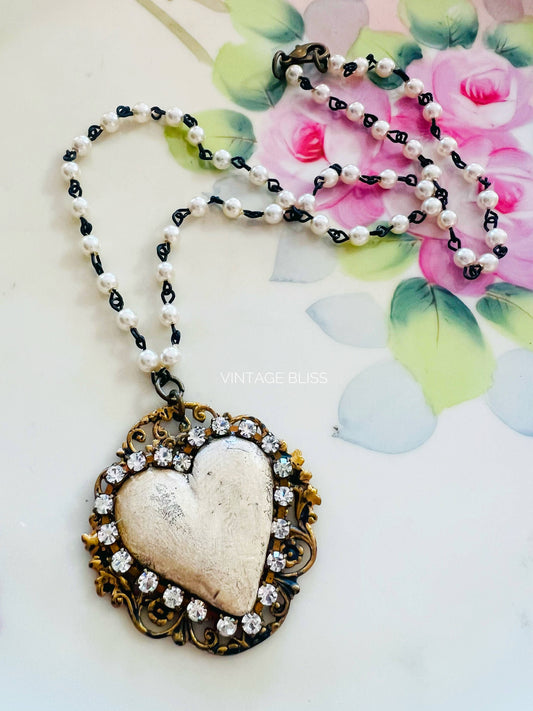 Whitewash Clay Heart Filigree Necklace