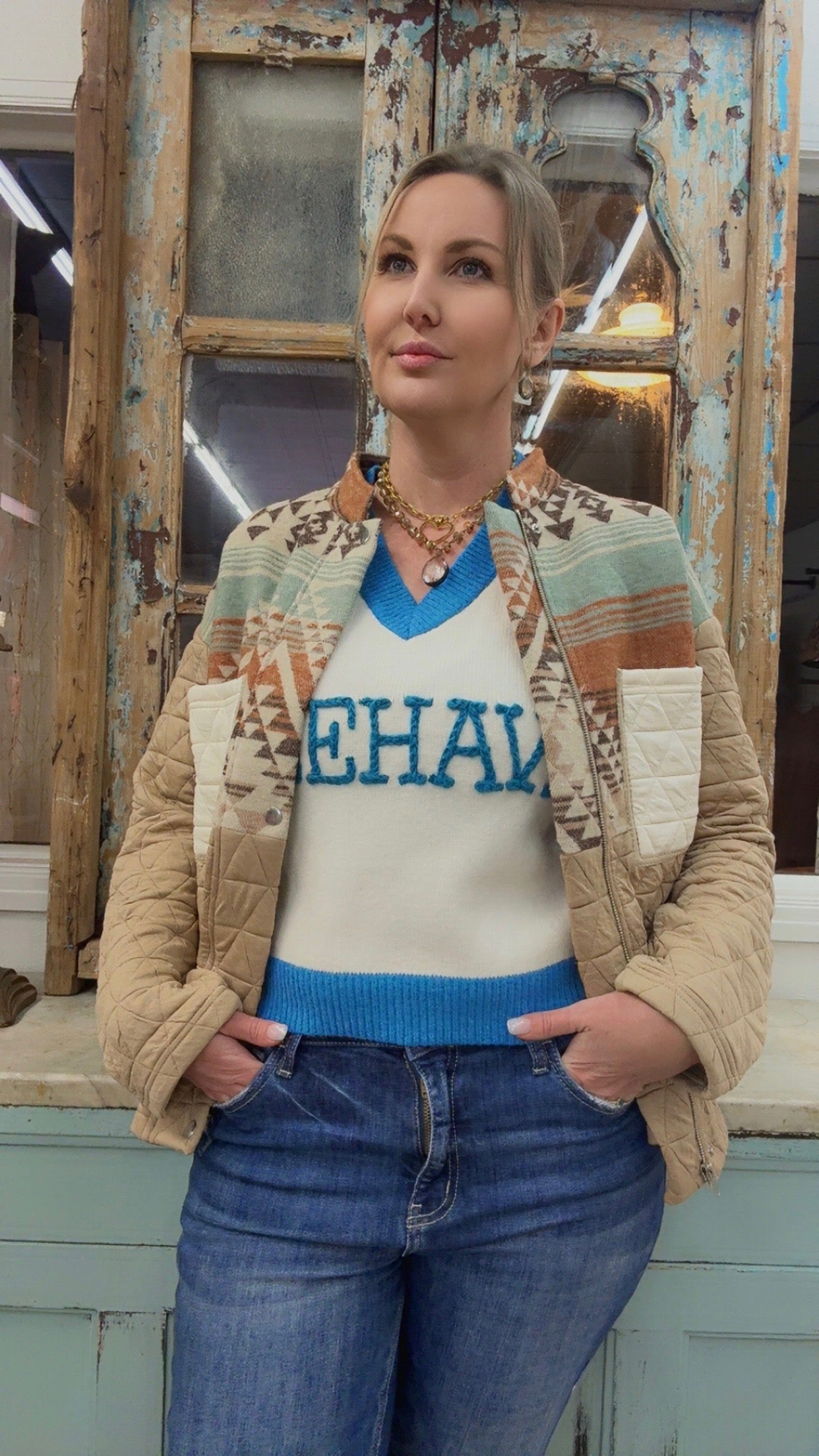 Ivory Teal Yeehaw Knit Sleeveless Sweater