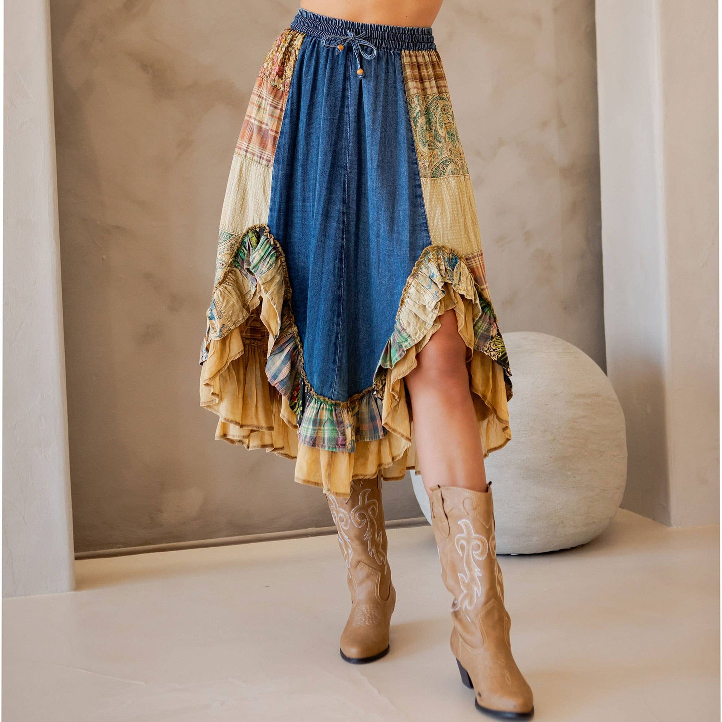 Western Boho Chic: Patchwork Midi Skirt