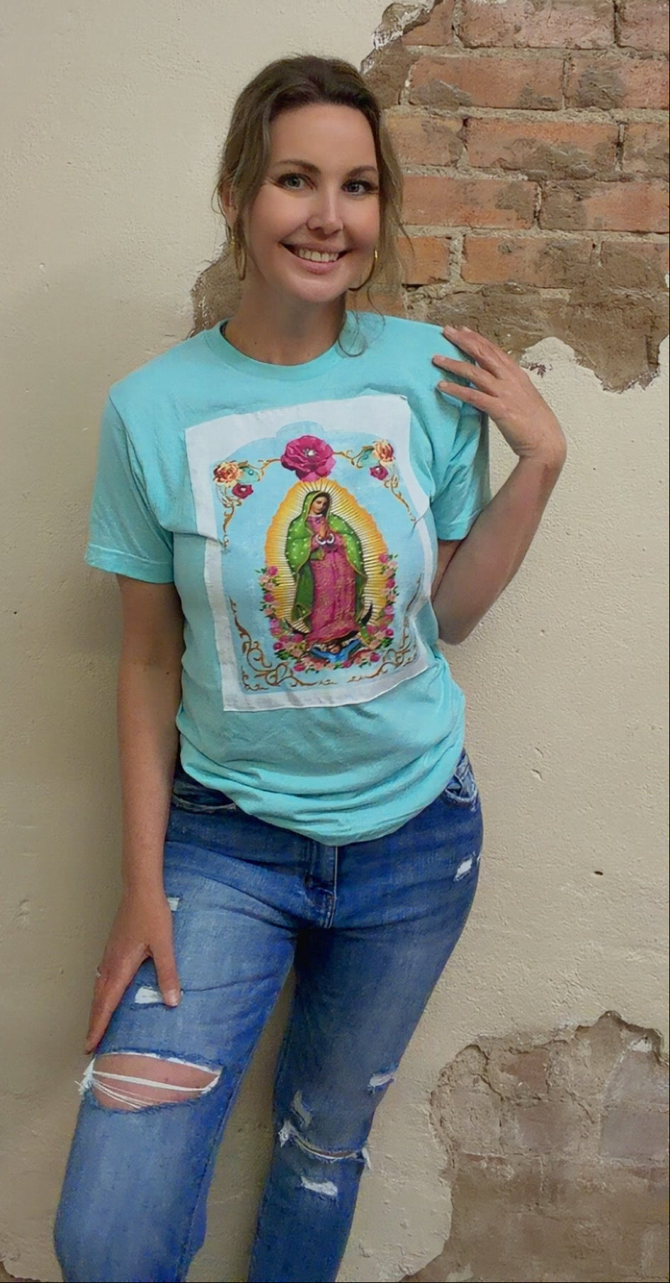 Lady of Guadalupe white tee patch on Ice Blue Crew