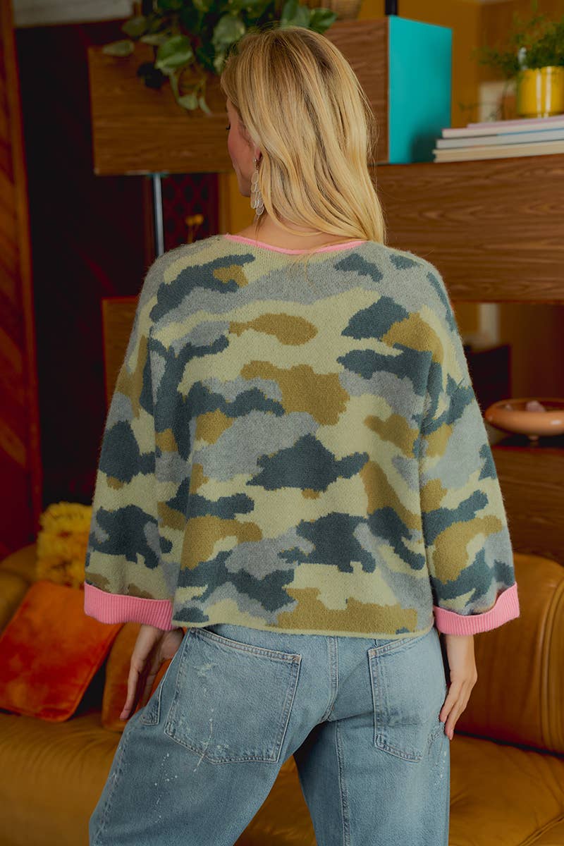 SOFT CAMO CONTRAST NECK AND ROLL UP SWEATER