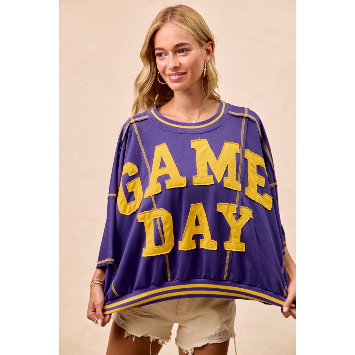 GAMEDAY PATCHWORK STITCH DETAIL FRENCH TERRY TOP