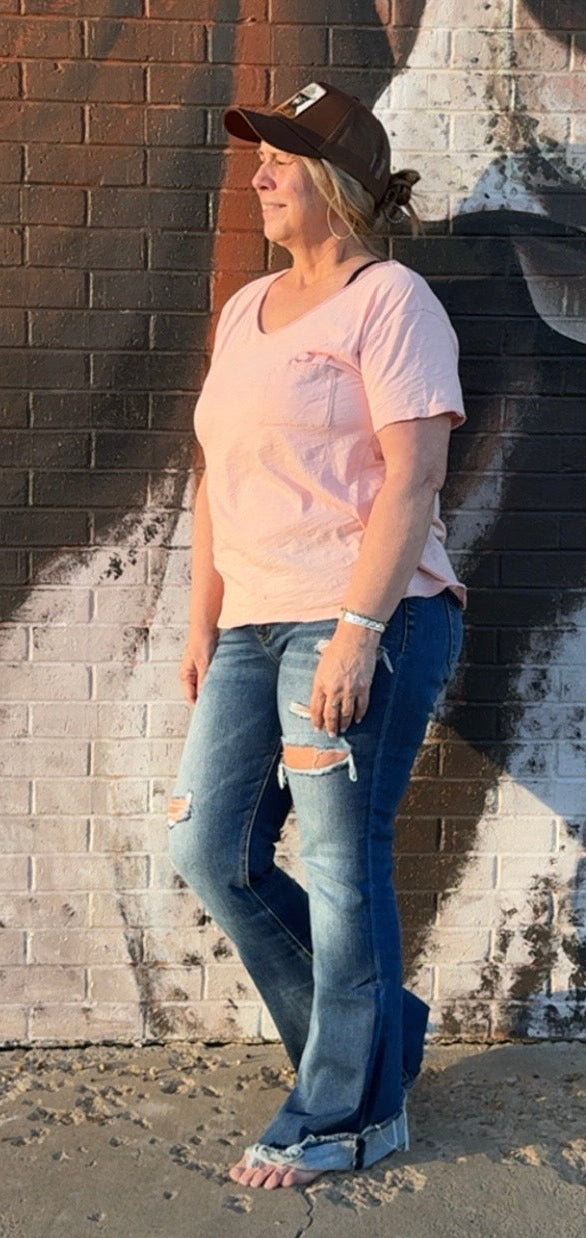 HIGH RISE DISTRESSED FLARE JEANS T5421