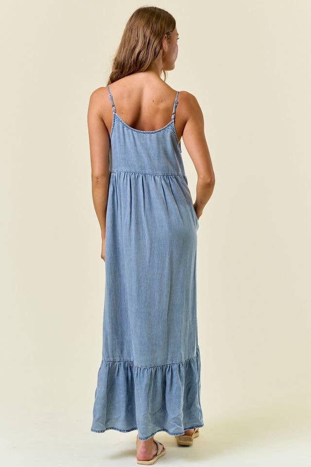 Tencel Chambray Tiered Ruffled Skirt Midi Dress -