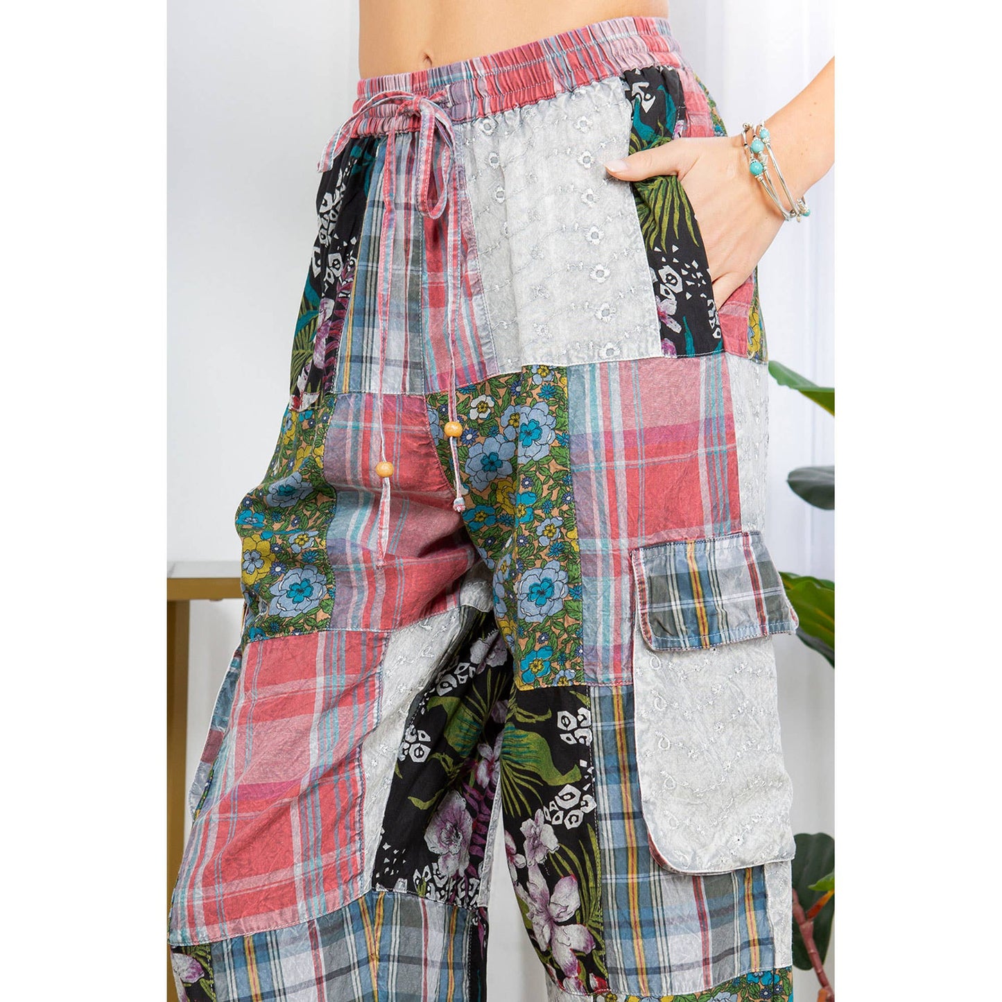 Bohemian Patchwork Straight Pant Plaid & Schiffli Embroidery