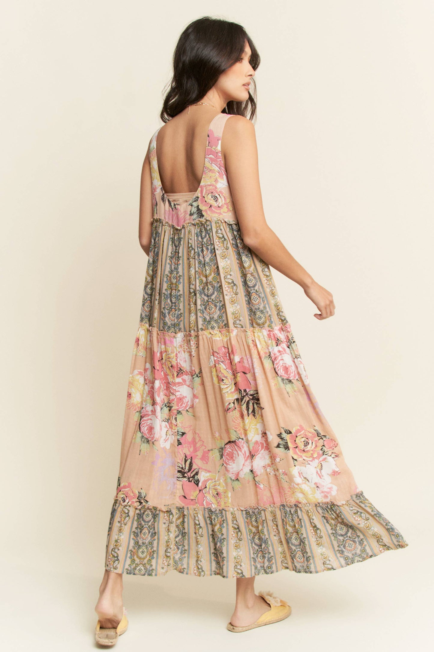 FLORAL BOHO STRIPE MIXED FULL SKIRT MIXI DRESS