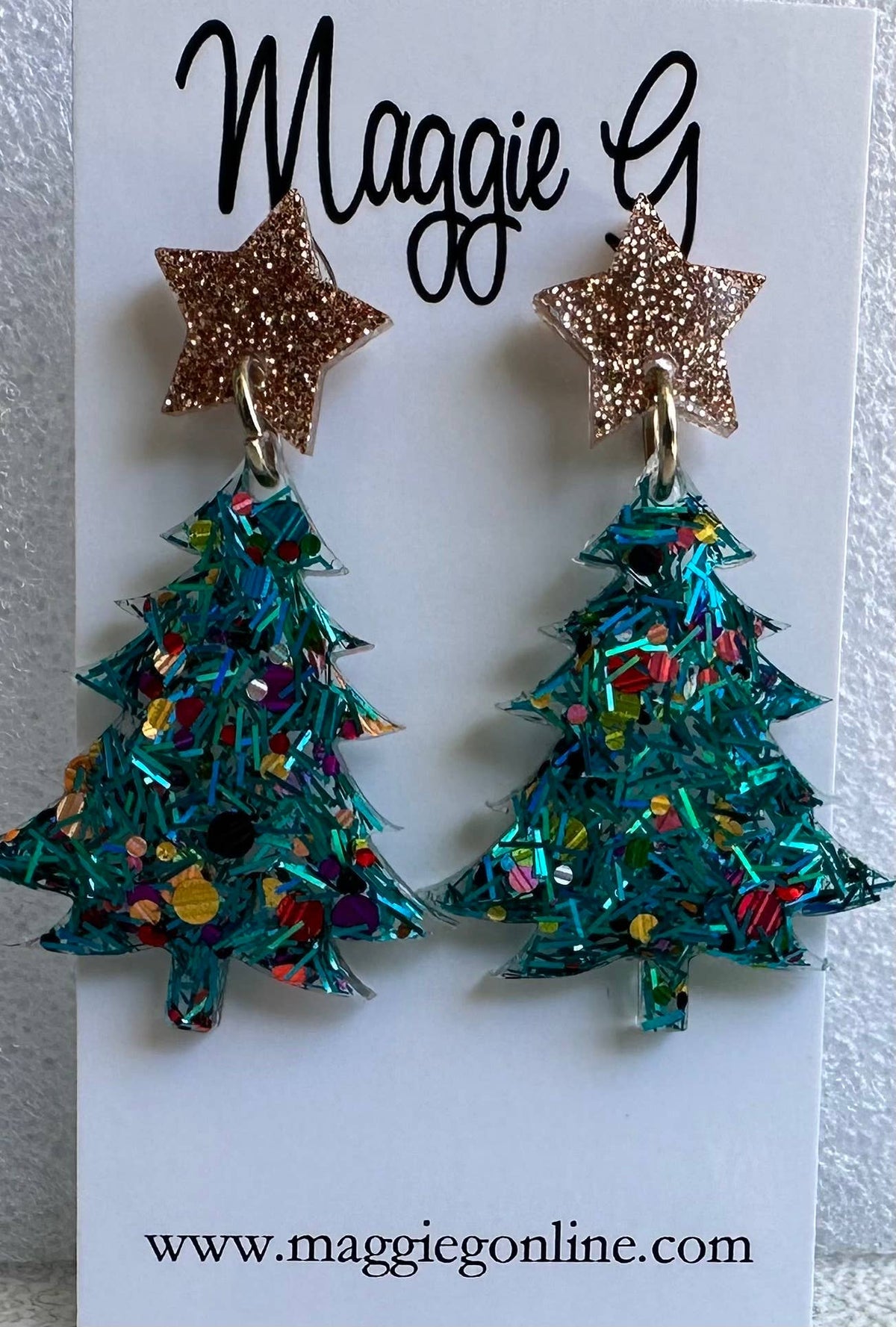 Christmas Tree Earrings (Teal Tinsel w/Rainbow)