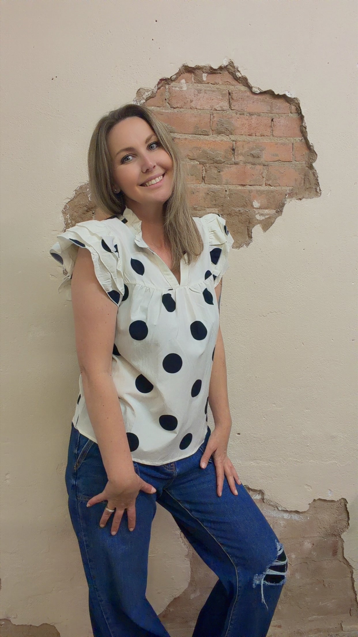 Polka Dot Print V Neck Ruffle Sleeve Blouse (S-XL)