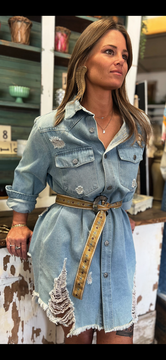 Stone Wash Distressed Button Down Shirt