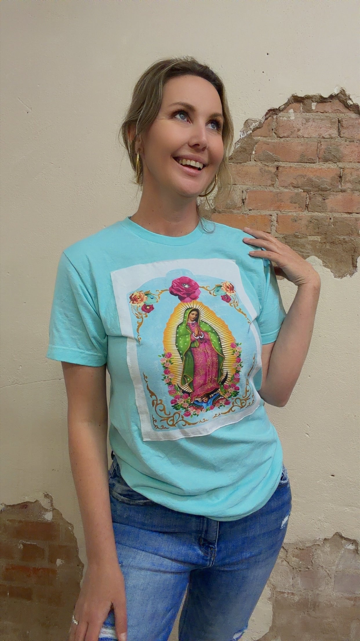 Lady of Guadalupe white tee patch on Ice Blue Crew