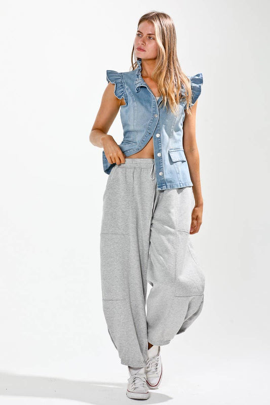 Ruffle Shoulder Washed Out Button Down Denim Jacket .
