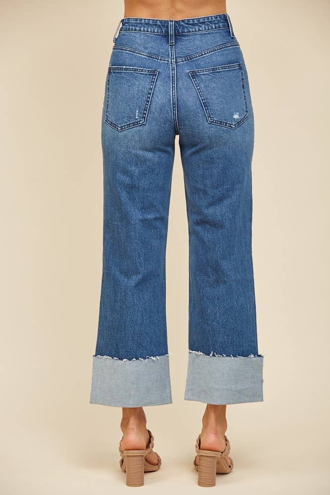 STRAIGHT LEG BOYFRIEND FIT CUFFED JEANS -DENIM