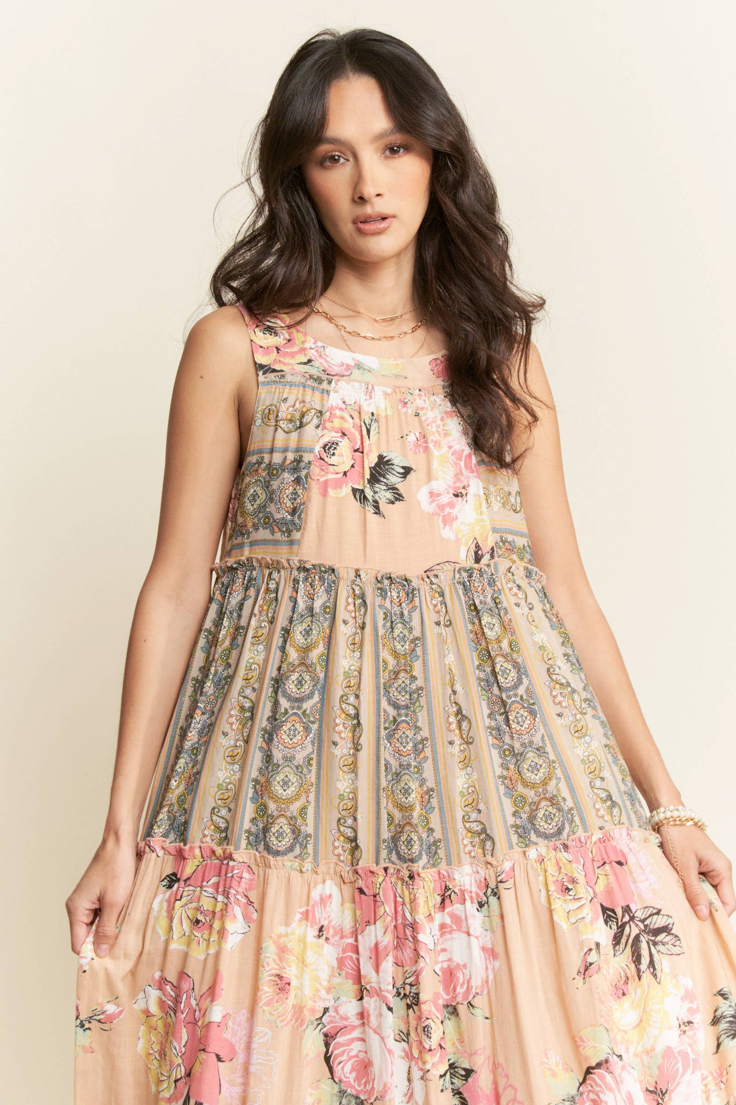 FLORAL BOHO STRIPE MIXED FULL SKIRT MIXI DRESS