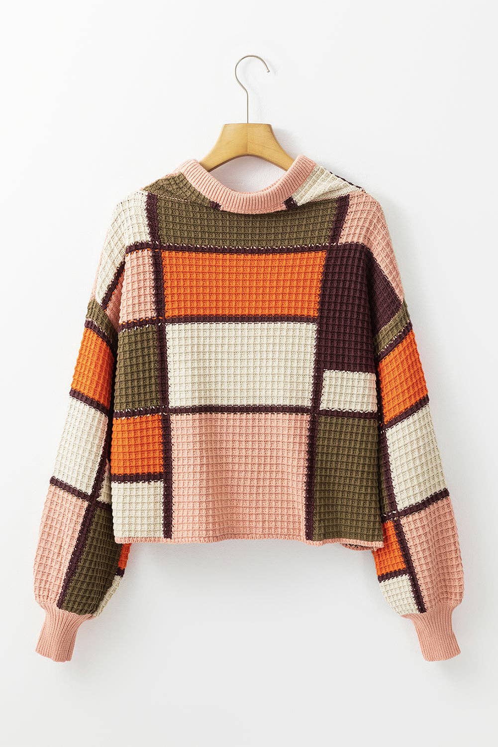 Colorblock Waffle Knit Cowl Sweater