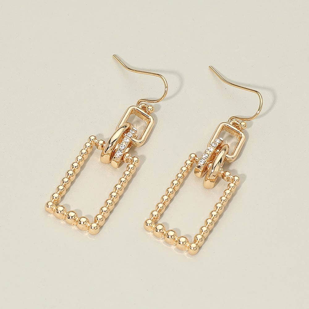 Stone Pave Linked Metal Beaded Rectangle Drop Earrings
