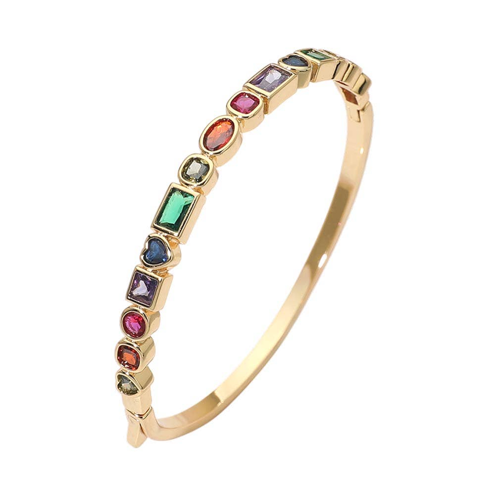 14K Gold Plated Mixed Shaped CZ Bezel Around Hinged Bangle Bracelet